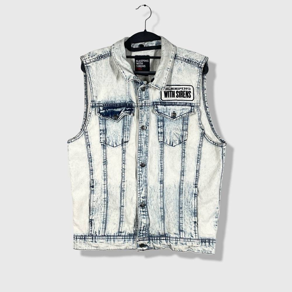 Sleeping With Sirens Denim Vest Mens L Light Acid Wash Emo Punk Rock Band Merch